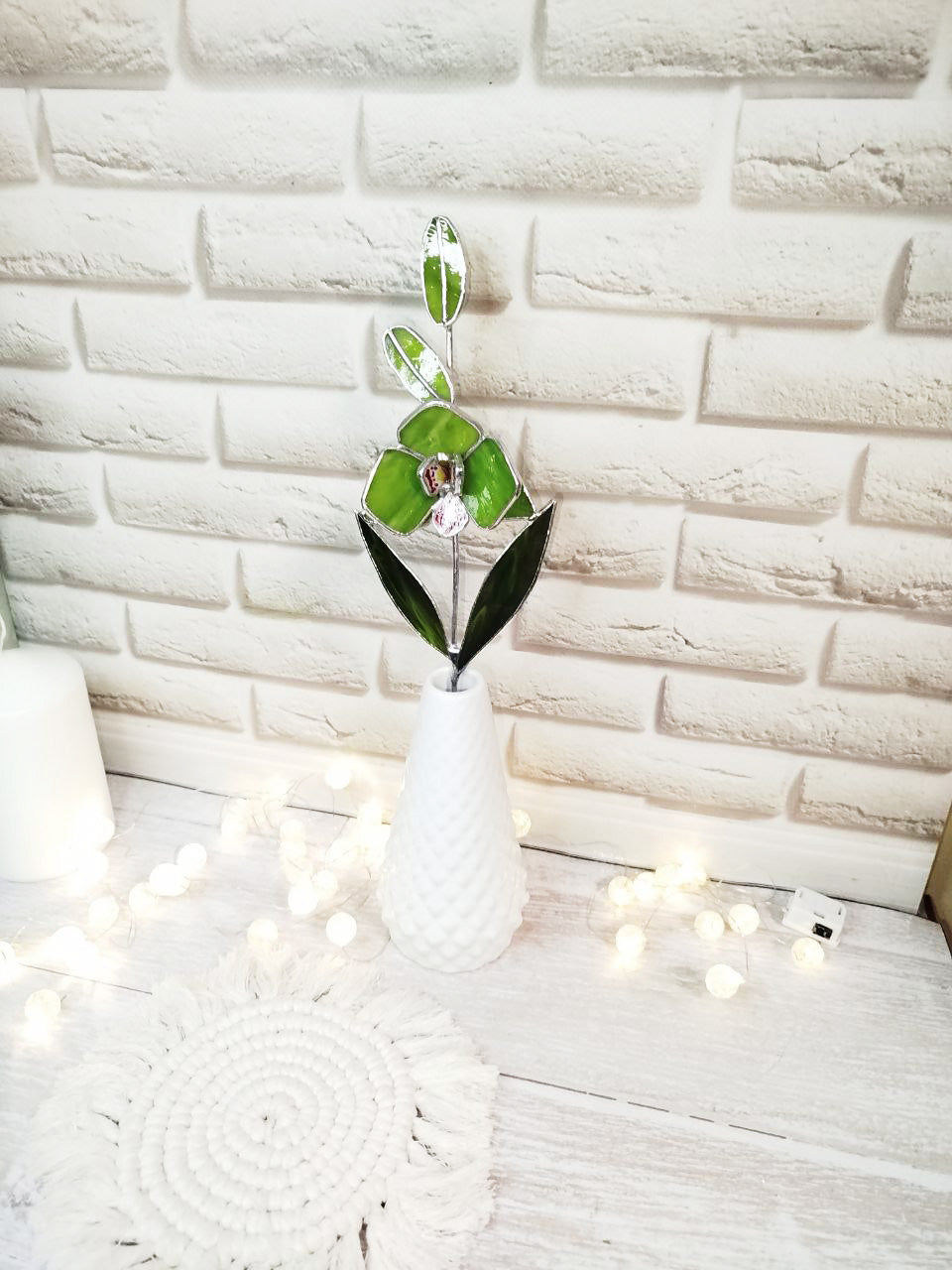 Stained glass orchid, cymbidium green flower 3d for a vase, garden decor, gift for mom