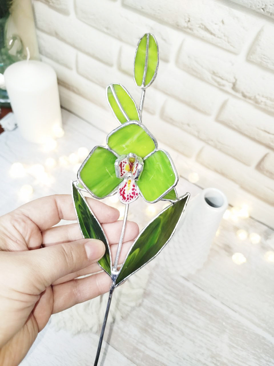 Stained glass orchid, cymbidium green flower 3d for a vase, garden decor, gift for mom