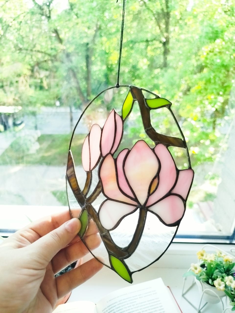 Stained glass magnolia, Pink flower suncatcher, Home decor wedding gift