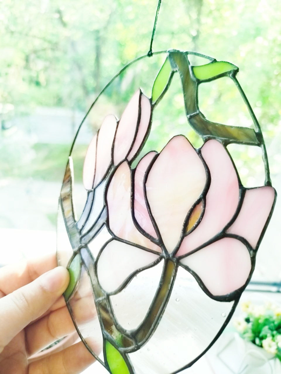Stained glass magnolia, Pink flower suncatcher, Home decor wedding gift