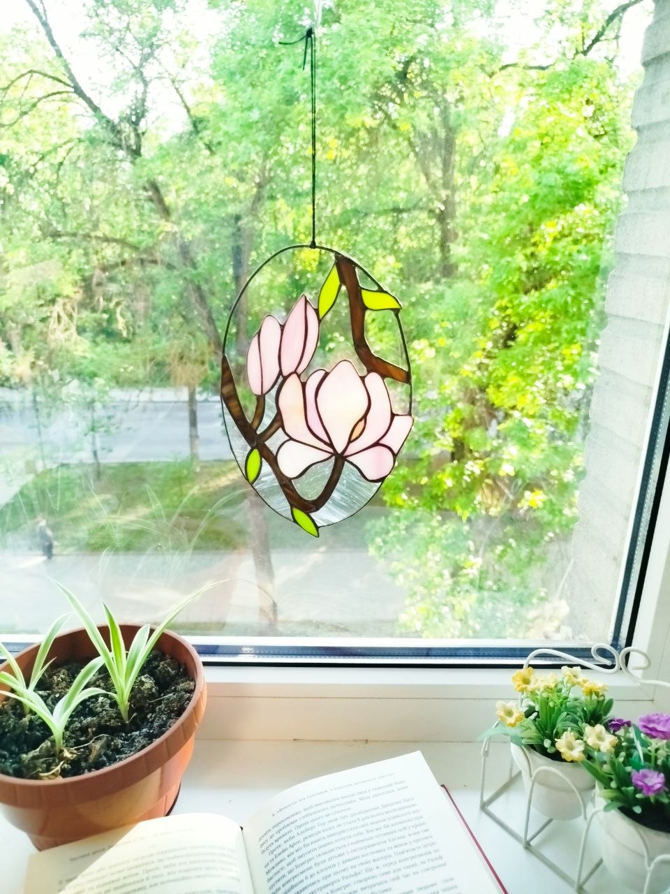 Stained glass magnolia, Pink flower suncatcher, Home decor wedding gift