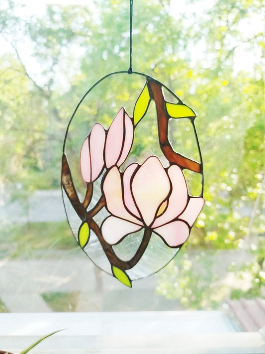 Stained glass magnolia, Pink flower suncatcher, Home decor wedding gift